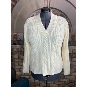 sweater cabled V neck cream baubles